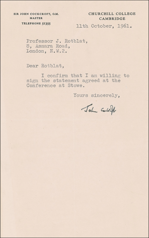 Lot 166 Sir John Cockcroft: Cockcroft writes to a fellow Nobel winner