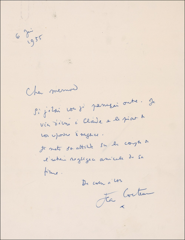 Lot 554 Jean Cocteau Handwritten Letter Signed