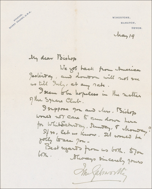 Lot 569 John Galsworthy Handwritten Letter Signed