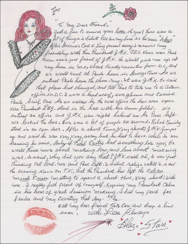 Lot 1024 Blaze Starr: Starr details a White House encounter with JFK during the Cuban Missile Crisis