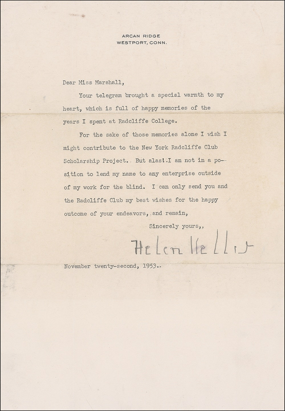 Lot 252 Helen Keller: Keller declines to support her alma mater: “Alas! I am not in a position”