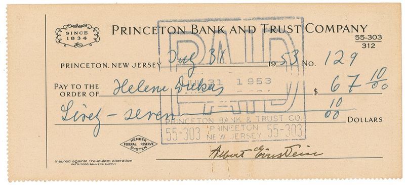 Lot 203 Albert Einstein: Fully signed check from his 74th year