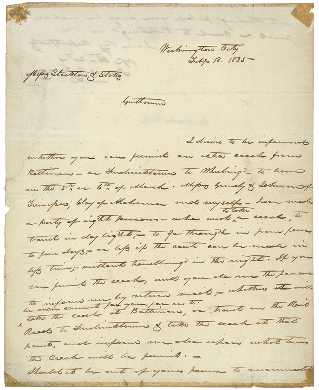 Lot 90 James K. Polk: Polk arranges for a coach, insistent that he not travel at night