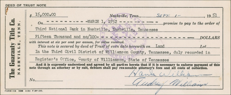 Lot 808 Hank Williams: $15,000 note from the year of ?Hey, Good Lookin??