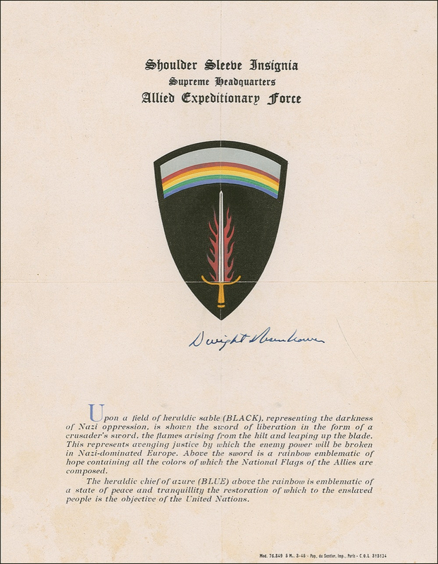 Lot 29 Dwight D. Eisenhower: Allied Expeditionary Forces patch, with signed explanation