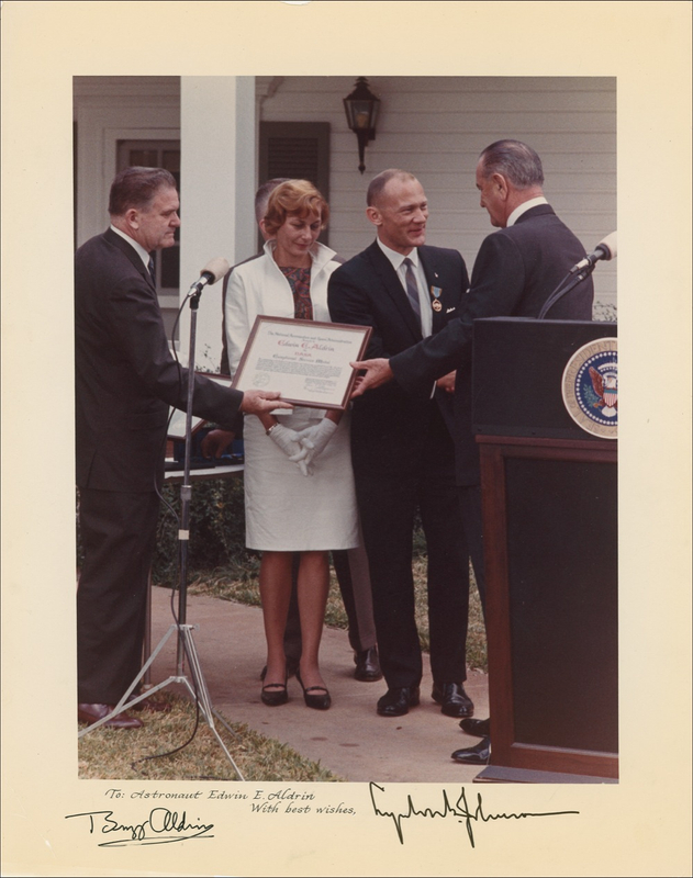 Lot 59 Lyndon B. Johnson and Buzz Aldrin: Presented ?to astronaut Edwin E. Aldrin? by LBJ?and signed by both