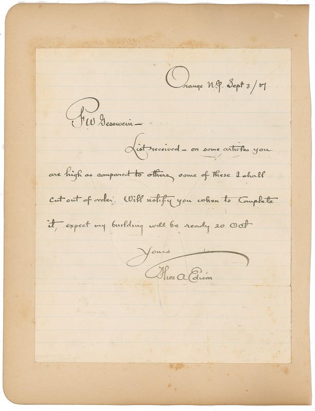 Lot 198 Thomas Edison: Edison savvily stocks his new West Orange lab