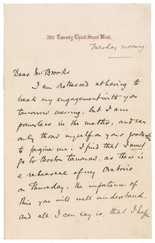 Lot 715 Arthur Sullivan: “I find that I must go to Boston tomorrow as there is a rehearsal of my Oratorio”