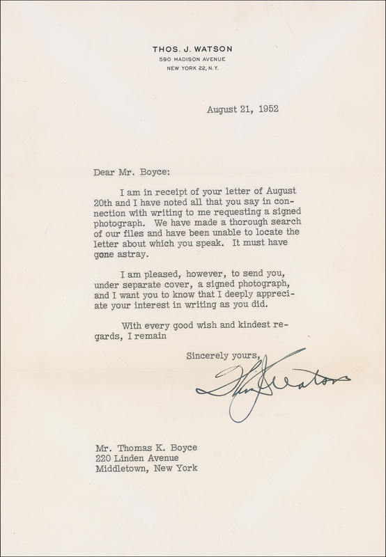 Lot 321 Thomas J. Watson Typed Letter Signed