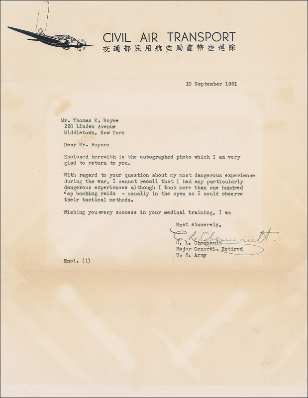 Lot 340 Claire L. Chennault: Flying Tigers organizer recounts a dangerous wartime experience