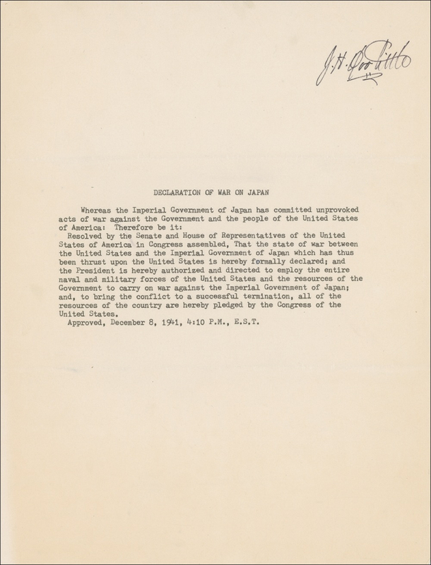 Lot 348 James Doolittle: Doolittle signs a Declaration of War