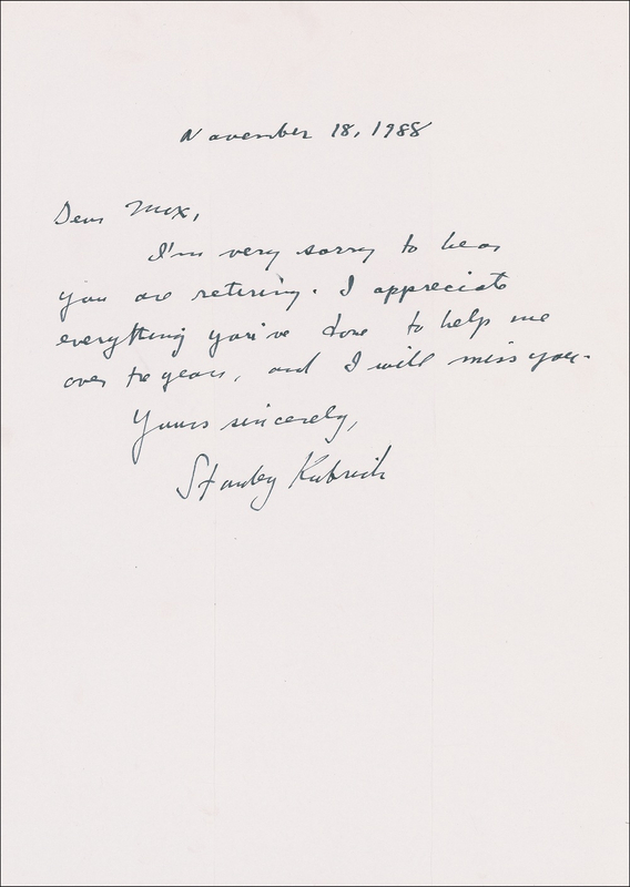 Lot 943 Stanley Kubrick: Kubrick thanks a retiring studio head