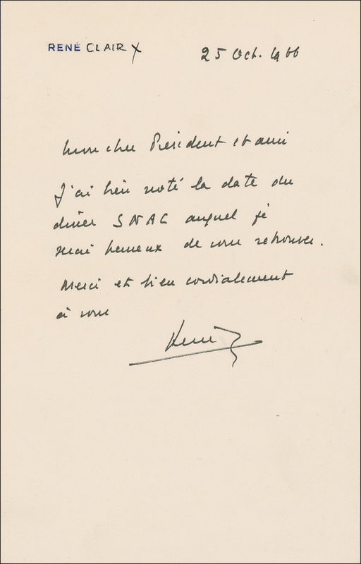 Lot 856 Rene Clair Handwritten Letter Signed