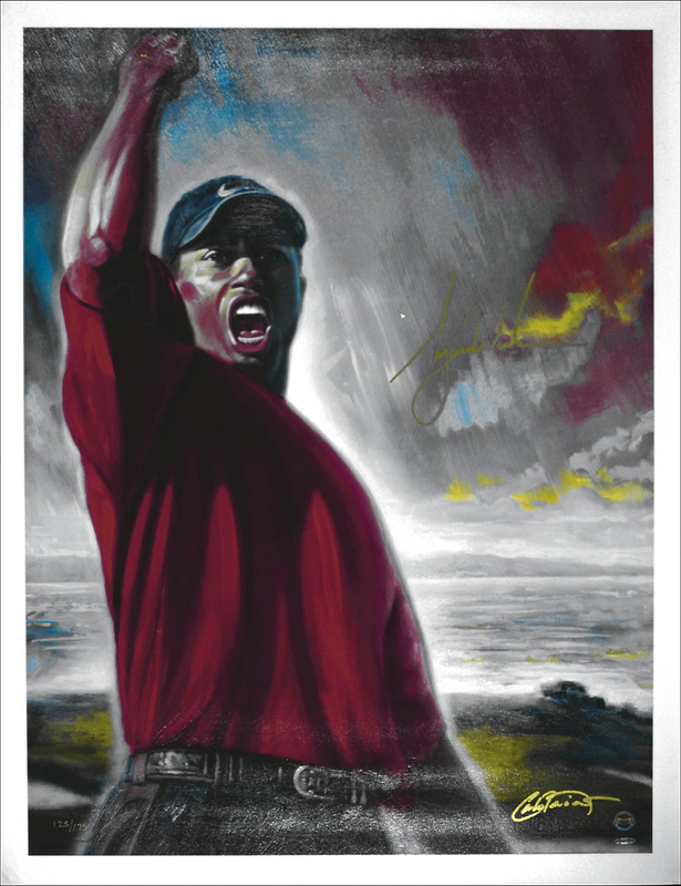Lot 1246 Tiger Woods: Vibrant Woods giclee with enormous signature