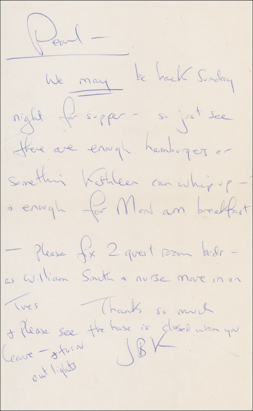 Lot 63 Jacqueline Kennedy: Jackie leaves instructions for the impending arrival of William [Kennedy] Smith