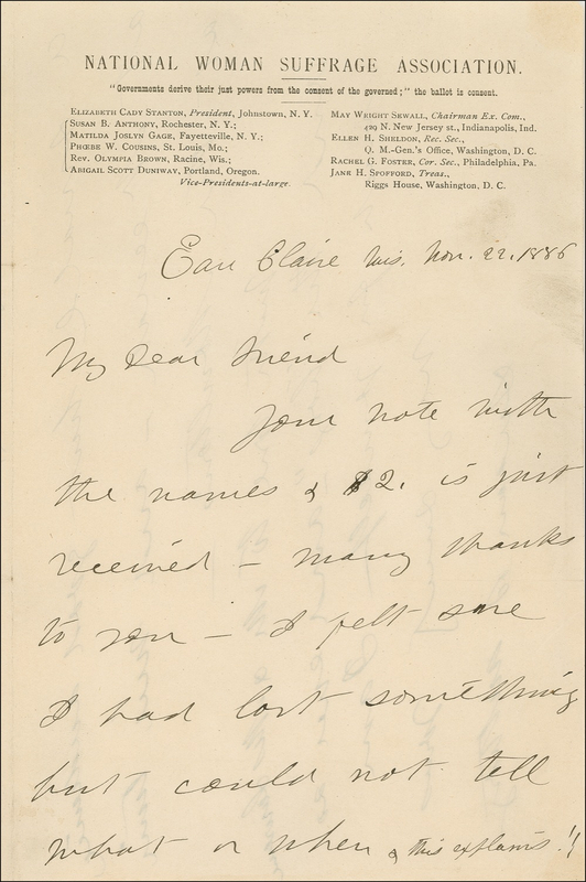 Lot 135 Susan B. Anthony: “I do hope you ladies will persevere in keeping up the agitation”