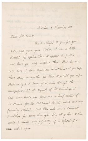 Lot #128 Charles F. Adams: Charles Adams discusses the possible fallout of the Alabama claims: ?It seems to me that Great Britain stands a chance of establishing its ground of objection? - Image 1