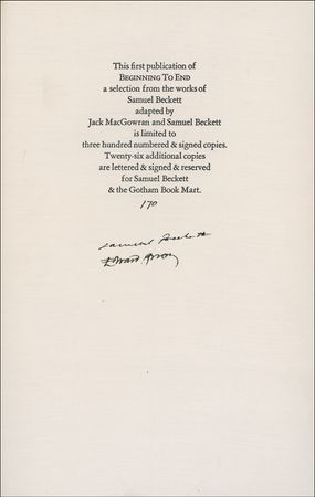 Lot #526 Samuel Beckett and Edward Gorey: Gorey signs a special edition of Beginning to End - Image 1
