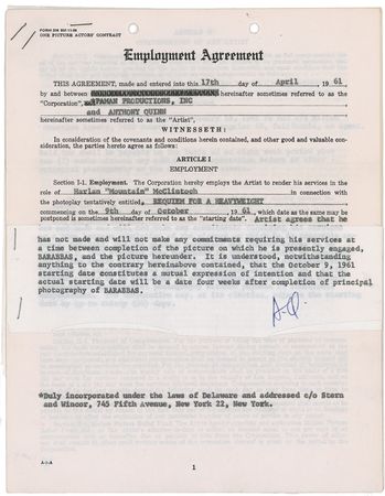 Lot #994 Anthony Quinn Signed Document - Image 1