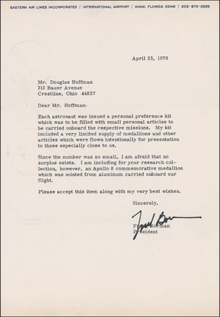 Lot #456 Frank Borman: “Each astronaut was issued a personal preference kit…My kit included a very limited supply of medallions” - Image 1