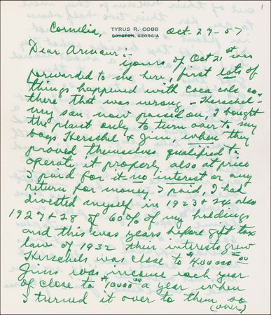 Lot #1130 Ty Cobb: The Georgia Peach discusses, in great detail, his shrewd investments in Coca-Cola - Image 1