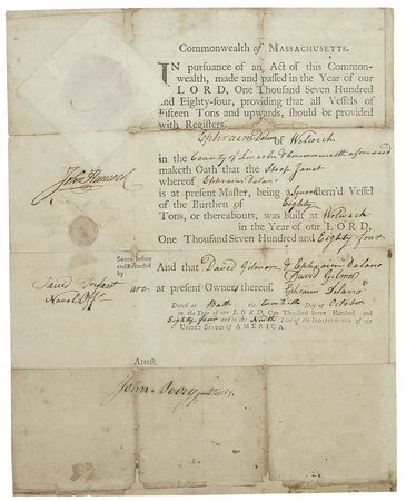 Lot #231 John Hancock: Governor Hancock signs a ship’s registry for a forefather of President Roosevelt - Image 1
