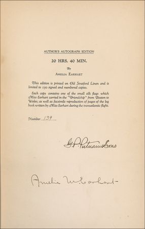 Lot #472 Amelia Earhart: Scarce signed book from the famed aviatrix, complete with flown flag from her history-making transatlantic flight - Image 1