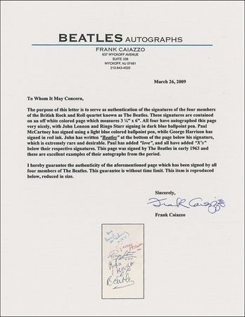 Lot #729 Beatles: From them to you: Fabulous Fab Four signatures with Lennon?s very rare addition of the band?s name and glowing praise from Frank Caiazzo - Image 3