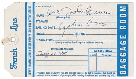 Lot #784 John Lennon and Yoko Ono: Ship?s baggage ticket signed by both - Image 1
