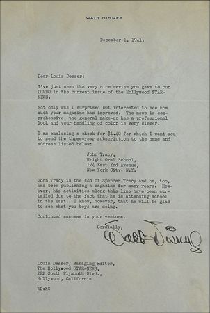 Lot #663 Walt Disney: Upon receiving a good review of Dumbo, Walt arranges a magazine subscription for Spencer Tracy?s son - Image 2
