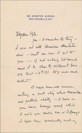 Lot #625 Frederic Remington: Alluding to ?a four horse bronze group,? Remington confesses to Howard Pyle that he is ?gradually working out of illustration and trying to paint more?I find it more engaging? - Image 1