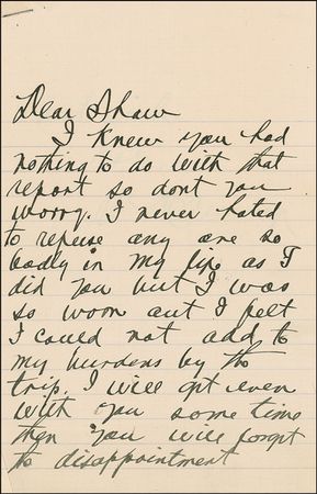 Lot #308 Billy Sunday: ?I never hated to refuse any one so badly in my life as I did you but I was so worn out I felt I could not add to my burdens? - Image 1