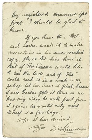 Lot #590 D. H. Lawrence: Lawrence looks to serialize The Lost Girl: ?If The Queen would like to see the book, and if ?she? could read it in a week or so, perhaps let her have it first? - Image 2