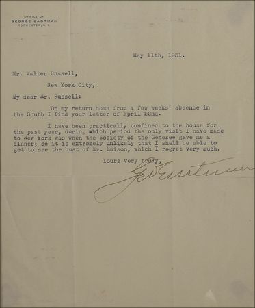 Lot #191 George Eastman: “It is extremely unlikely that I shall be able to get to see the bust of Mr. Edison” - Image 2