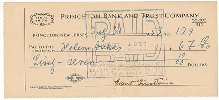 Lot #203 Albert Einstein: Fully signed check from his 74th year - Image 1