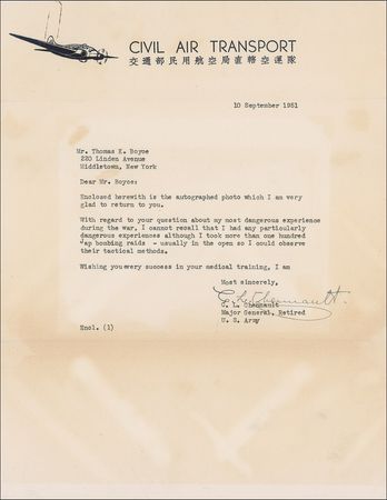 Lot #340 Claire L. Chennault: Flying Tigers organizer recounts a dangerous wartime experience - Image 1
