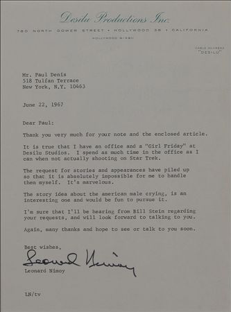 Lot #1022 Star Trek: Leonard Nimoy Typed Letter Signed - Image 2
