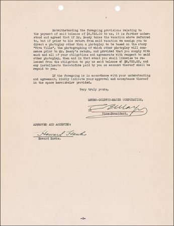 Lot #910 Howard Hawks Signed Document - Image 2