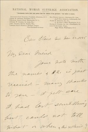 Lot #135 Susan B. Anthony: “I do hope you ladies will persevere in keeping up the agitation” - Image 1