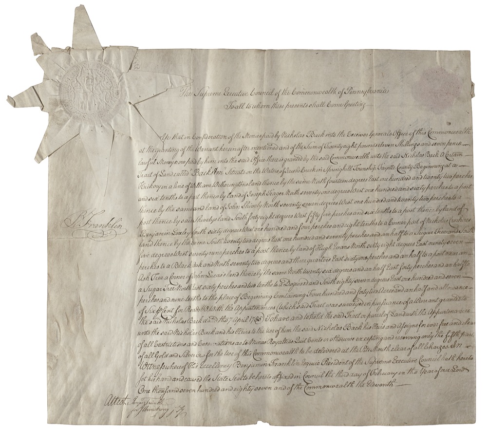 Lot 268 Benjamin Franklin: Franklin boldly signs a land grant seven months before signing the Constitution