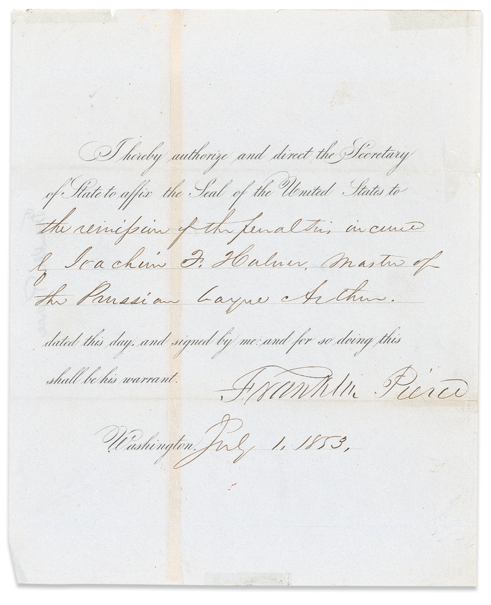 Lot 112 Franklin Pierce: Signing for ?the remission of penalties?