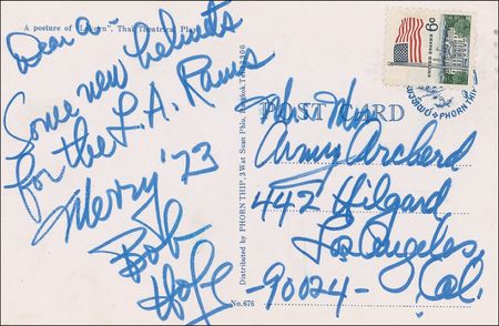 Lot #944 Bob Hope: Hope jokes that dangerous-looking pointed Thai hats might help the LA Rams - Image 1