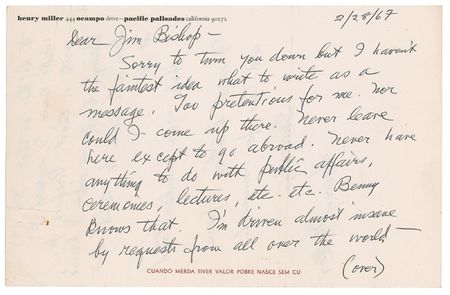 Lot #611 Henry Miller: Miller reaches his breaking point: ?I?m driven almost insane by requests from all over the world to do this or that? - Image 1