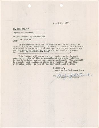 Lot #940 Alfred Hitchcock Signed Document - Image 1