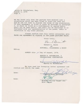 Lot #825 Rolling Stones: Jagger, Mick: The hush-hush child support settlement with the woman who inspired “Brown Sugar” - Image 1