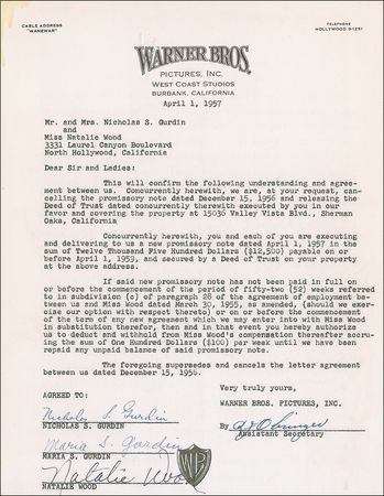 Lot #1066 Natalie Wood: Nineteen year old Natalie signs a promissory note with Warner Bros. - Image 1