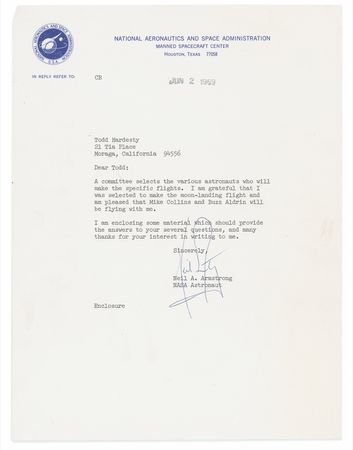 Lot #458 Neil Armstrong: Armstrong humbly admits, mere weeks before stepping foot on the moon, “I am grateful that I was selected to make the moon-landing flight and am pleased that Mike Collins and Buzz Aldrin will be flying with me” - Image 1