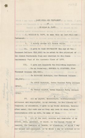 Lot #137 William H. Taft: Taft's signed last will and testament with accompanying handwritten letter of transmittal to his son Robert - Image 1
