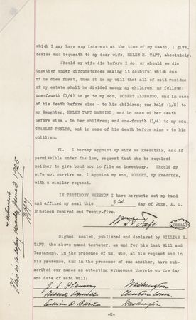 Lot #137 William H. Taft: Taft's signed last will and testament with accompanying handwritten letter of transmittal to his son Robert - Image 2