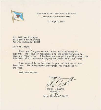 Lot #408 Colin Powell: “The issue of homosexuals in the Armed Services has been a difficult one” - Image 2